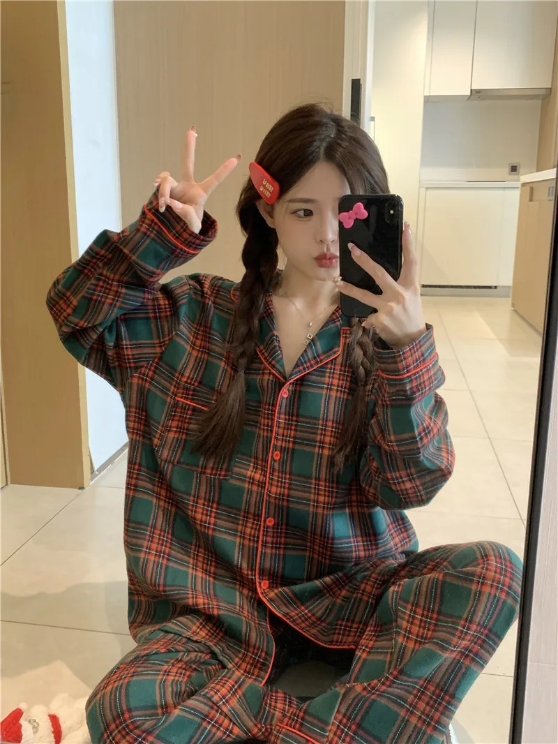 

red plaid autumn pajamas set women casual cotton thicken home suit single breasted shirts + trouser loose vintage sleepwear