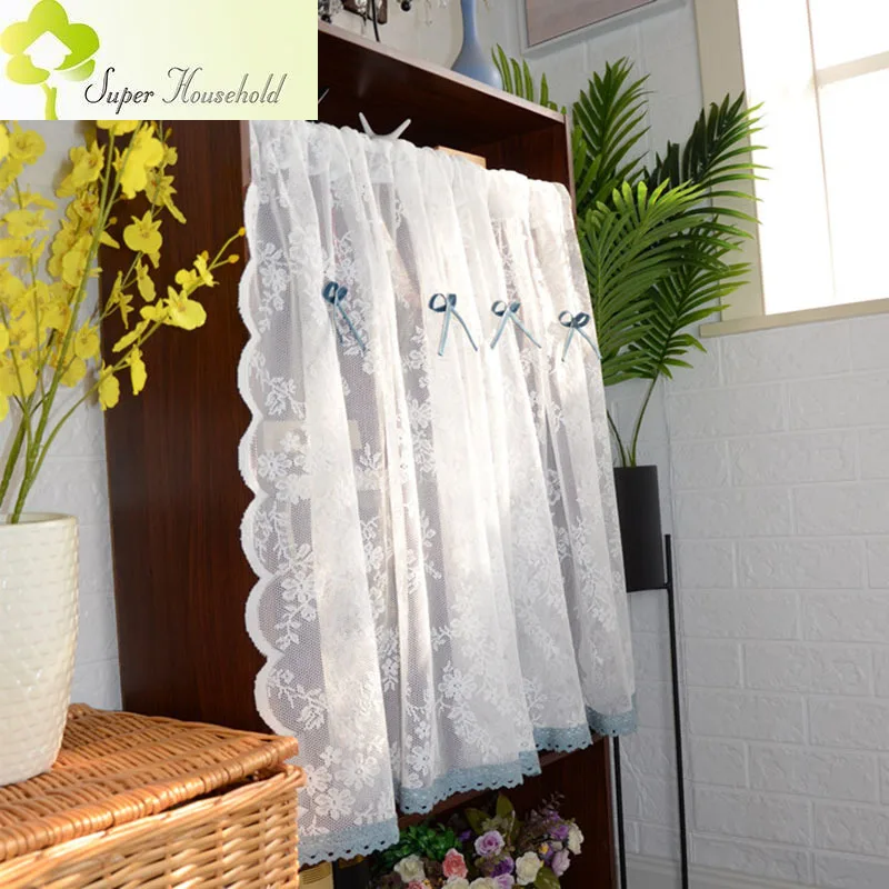 White Floral Sheer Short Curtains for Kitchen Cafe Bookshelf Embroidery Tulle Valance Farmhouse Sliding Door Window Drapes