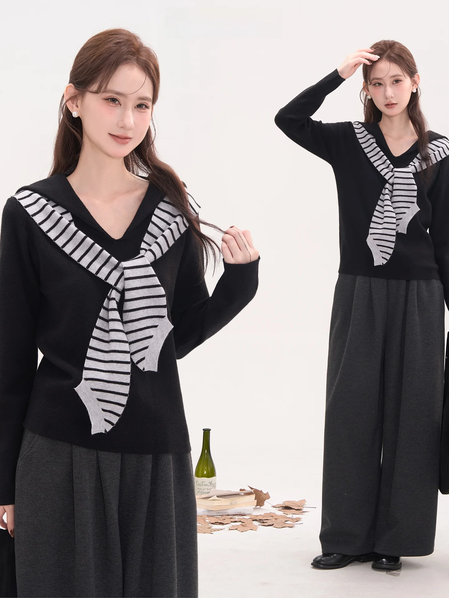 

Ele Navy Stripe Knitted Sweater with Tie Long Sve Women's Winter Top Blink Signal Casual Sle Comfortable Breathable