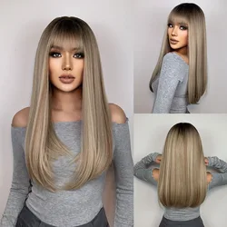 EASIHAIR Long Straight Synthetic Wigs with Bangs Brown to Blonde Ombre Natural Hair Wig for Women Cosplay Wig Heat Resistant