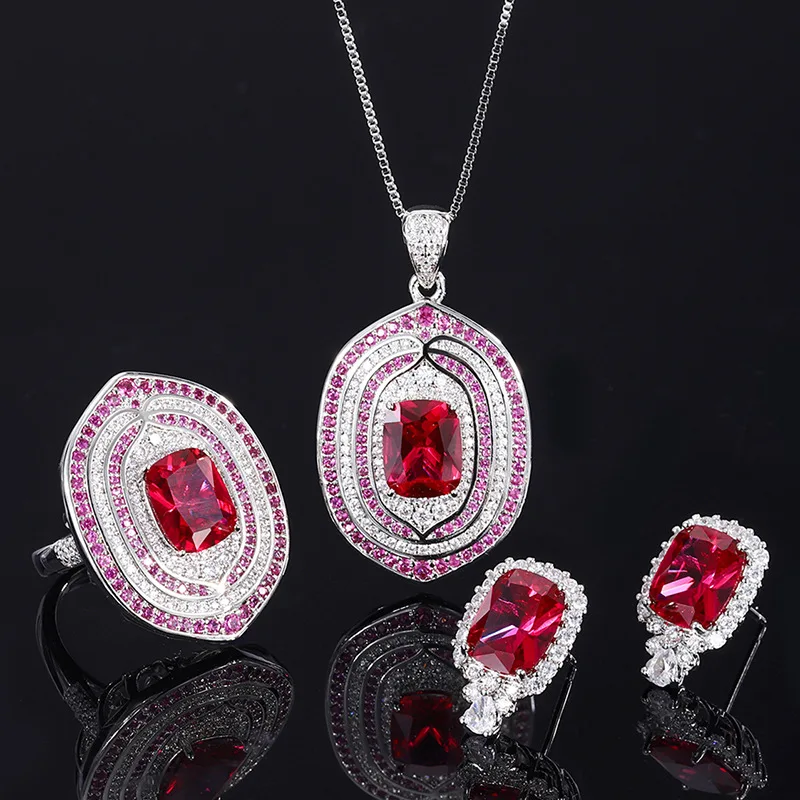 

Retro 925 Sterling Silver Main Stone 8*10mm Ruby Crystal Cubic Zircon Pendant Ring Necklace Earrings Set For Women Jewelry Gift