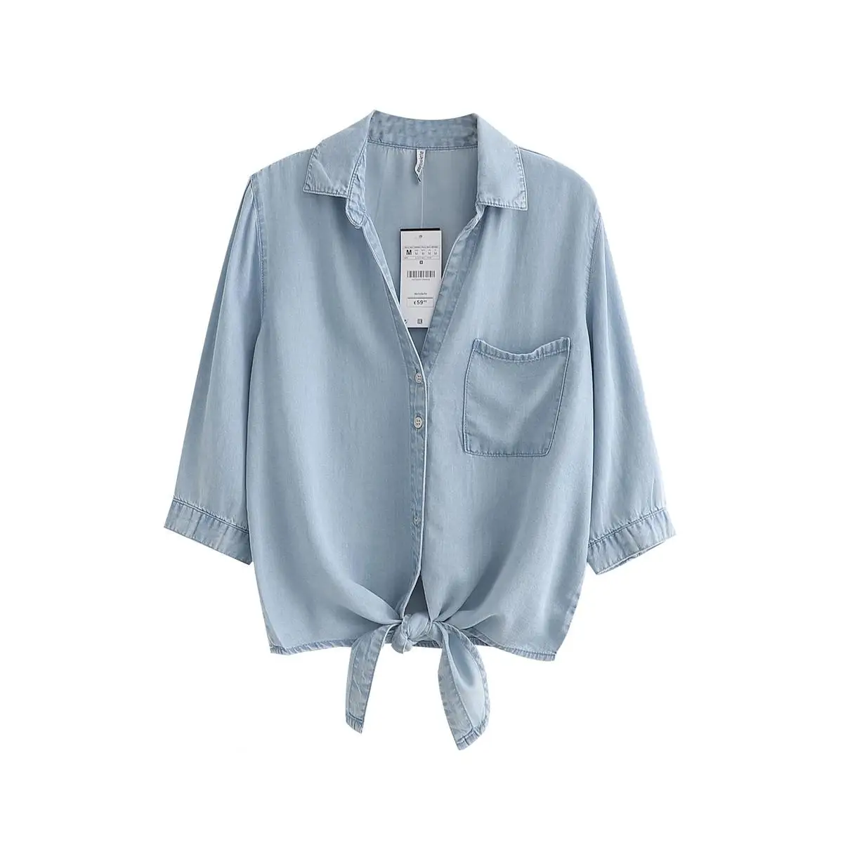 Primavera/estate new fashion wrap tops, giacca corta stile camicia manica 3/4, scollo a v nodo donna, abbigliamento denim di seta