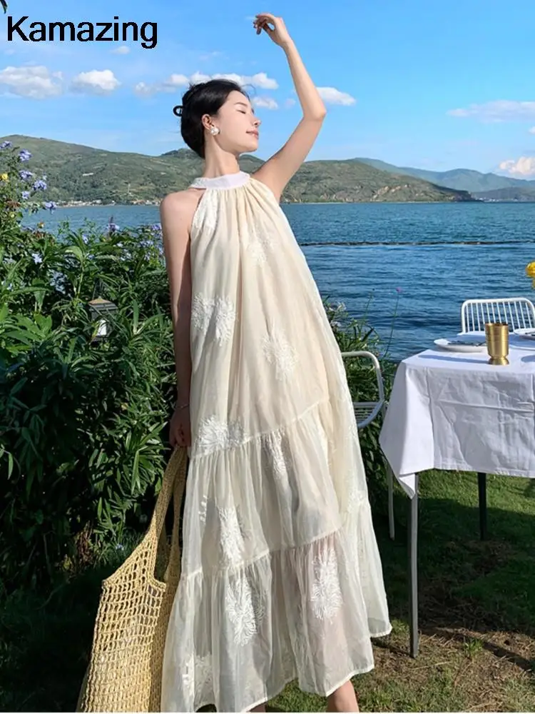 

Summer Casual Bohemian Embroidery Dress French Elegant Off Shoulder Loose Sundress Women Lace-up Beach Vestidos Female Clothes