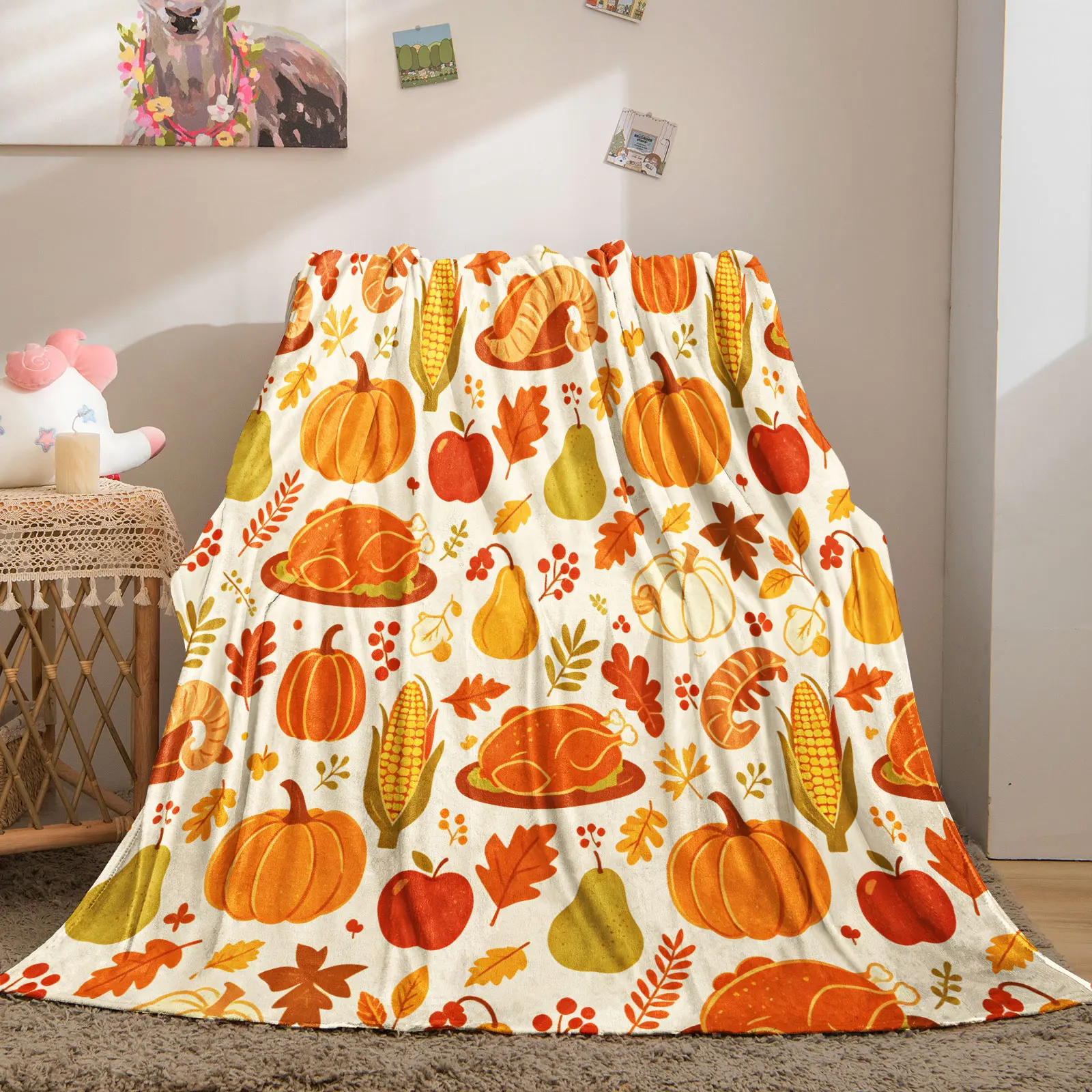 Thanksgiving Flannel Throw Blanket Cream Base Pumpkin Maple Leaf Turkey Corn Fruit Pattern Soft Microfiber Blanket for Sofa Bed