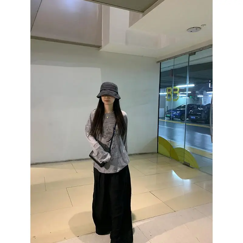 تي شيرت نسائي بأكمام طويلة، قطع علوية شبكية بسيطة، مريحة ومسامية للشتاء، يوميًا، كاجوال ياباني جمالي، شبابي