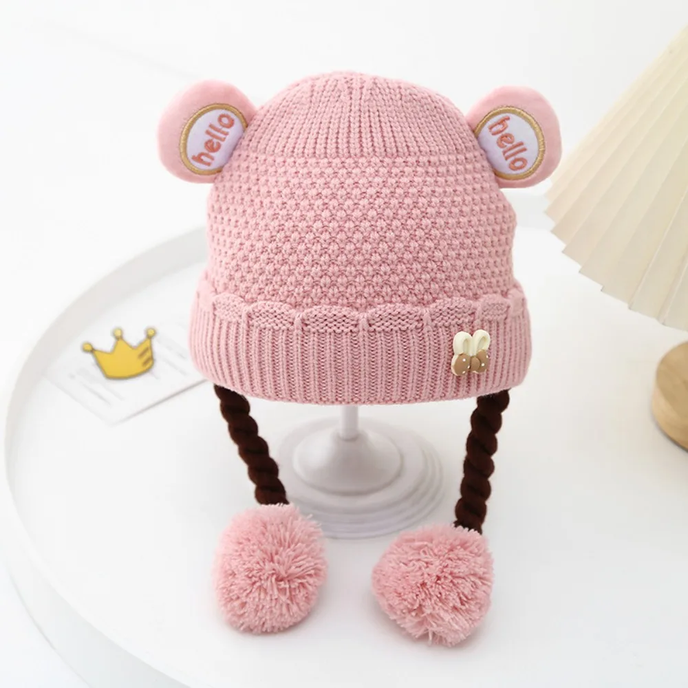 

Cute Warm Knitted Hat Windproof Cold Proof Ear Protection Hat Thickned Wig Braids Cap for Baby