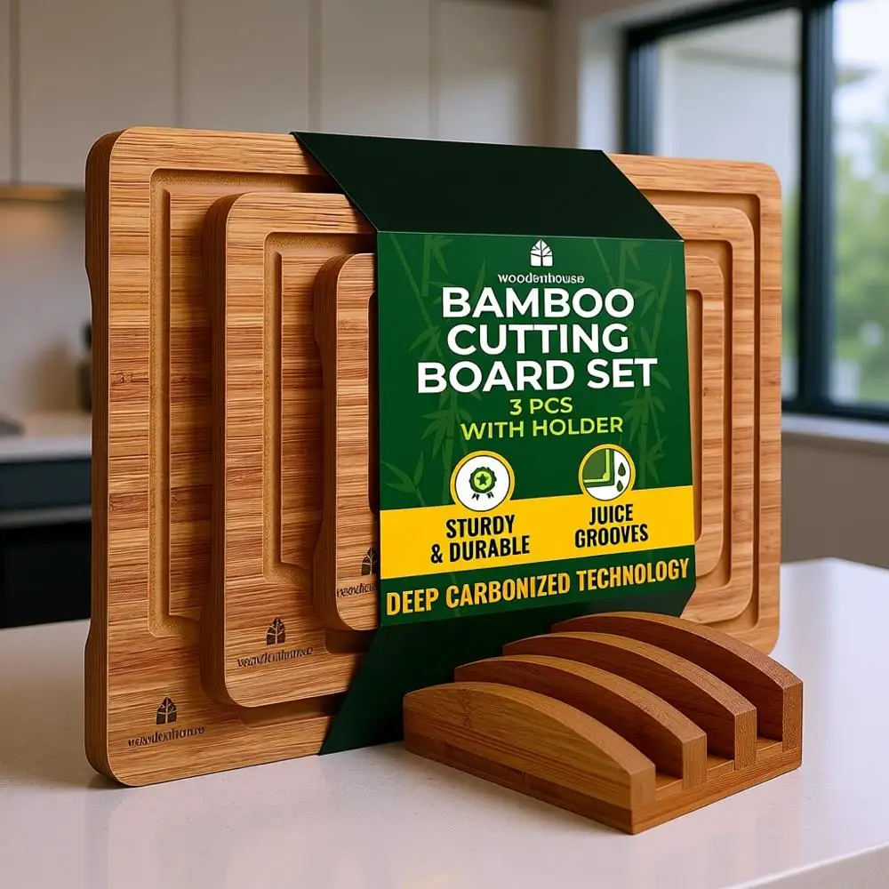 

Tri-Set Bamboo Cutting Boards with Holder - Durable, Eco-Friendly Kitchen Chopping and Serving Boards