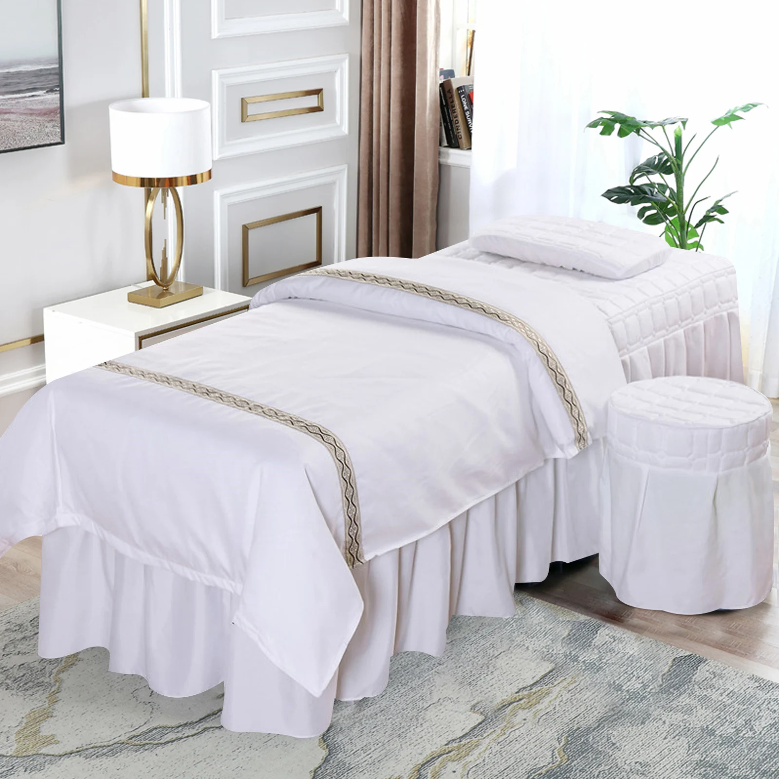 Pure White Massage Table Bed Skirt with Pillow Case Stool Cover Quilt Cover