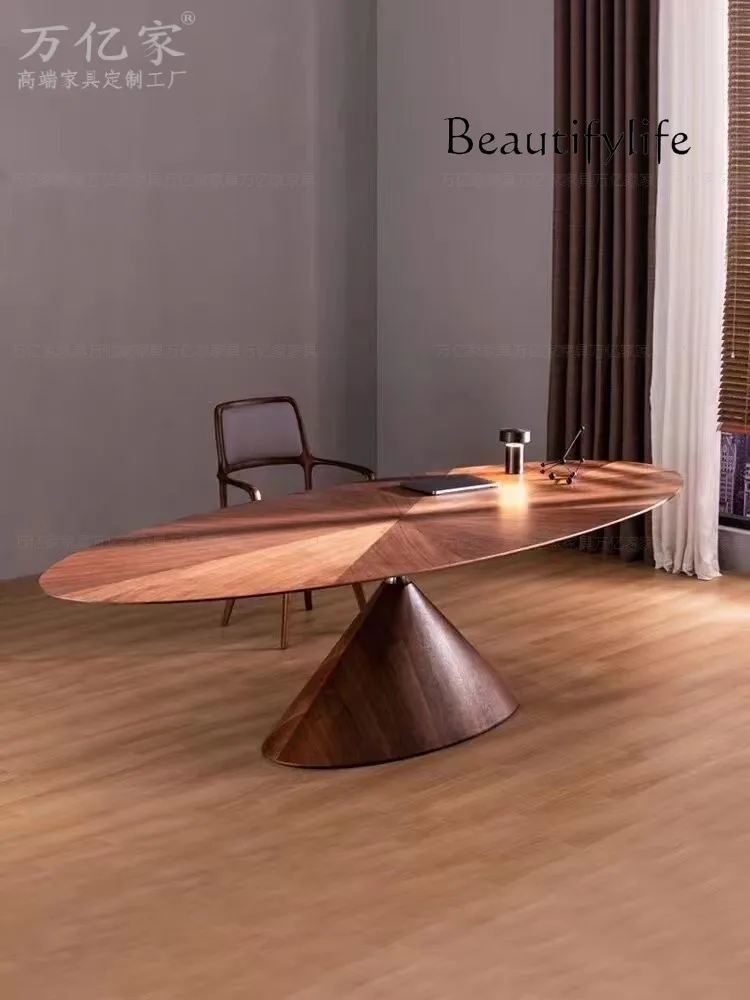 Italian Minimalist North American Large Flat Designer Model Oval Shaped Desk Black Walnut Dining Table