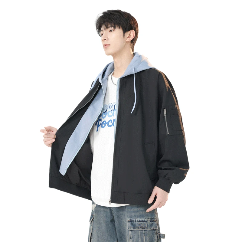 

Trendy Men's Hooded Jacket Loose-Fitting Solid Color Casual Outerwear for Spring and Autumn Comfortable Two-Piece Mock-Up Top