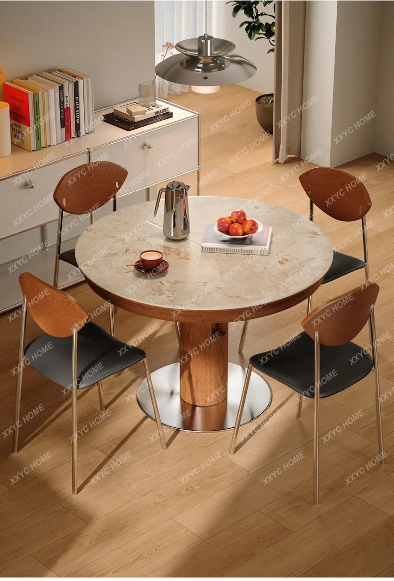 

Retractable solid wood rock slab dining table Round medieval small apartment oval folding dining table