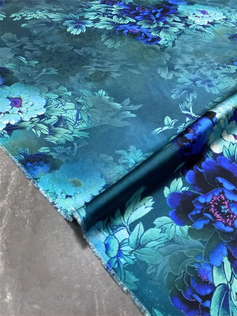 Heavyweight Satin 40 Mmm Mulberry Silk Fabric Blue Background Peony Print Thickened Pajama Dress Crepe Fabric Sewing By Meter