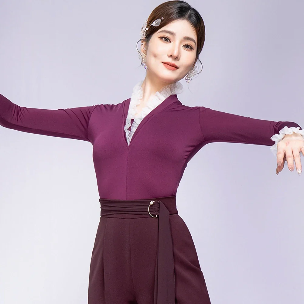 Black Cha Cha Dance Ball Top Slim-fit Slimming New Women's Top Long-sleeved Clothing New V-neck Practice Clothes