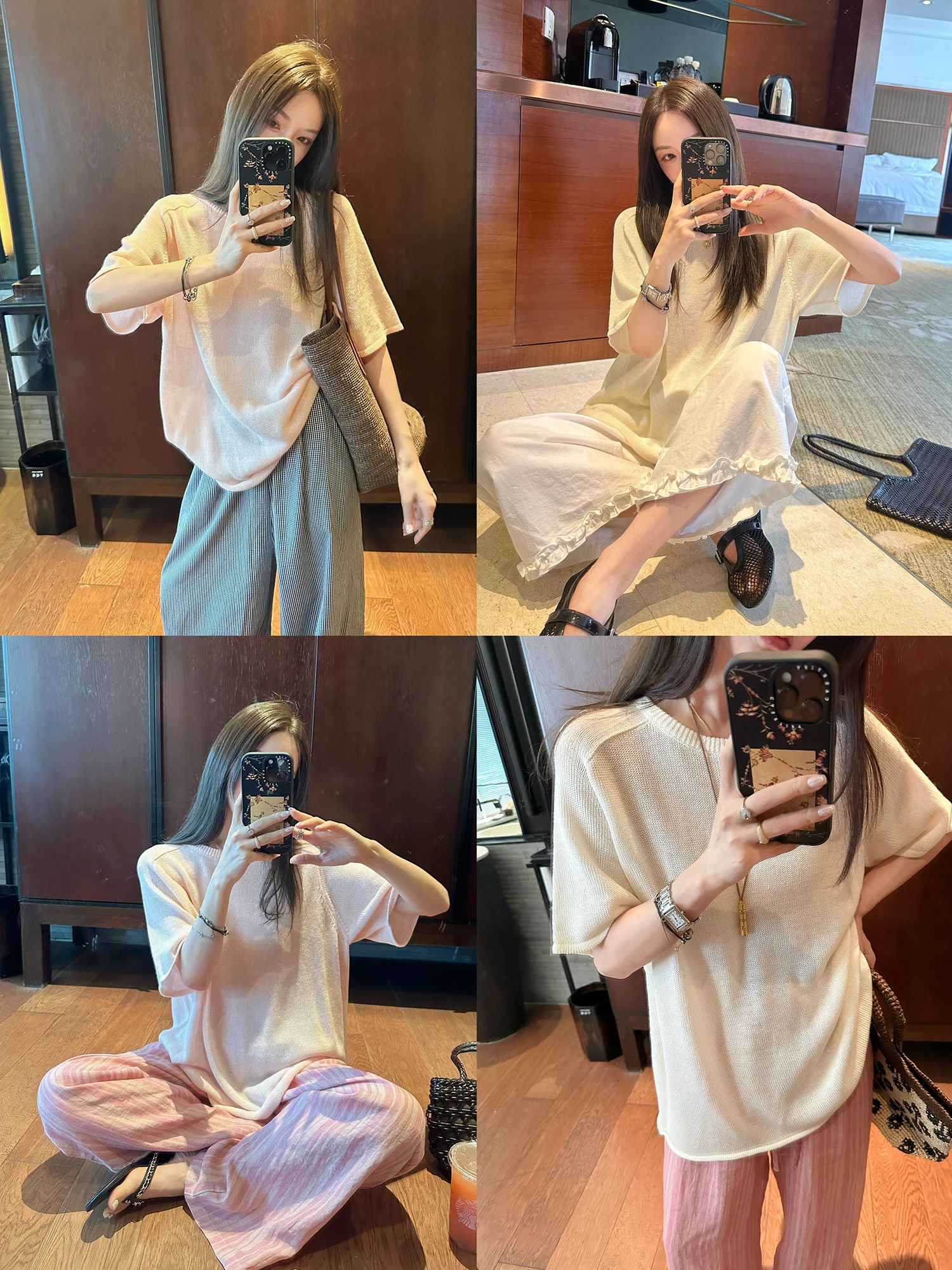 

Lightweight Breathable Wool Blend Knitwear mid Sleeve Hollow out Design Women's Comfortable Spring Top round Neck Pullover