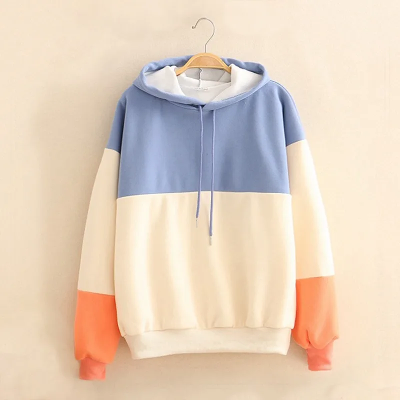 Long Patchwork Sleeve Sweatshirt Women Tops Print Fashion Splice Casual Women's Hoodies Sweatshirts Fleece Hooded Jacket Women