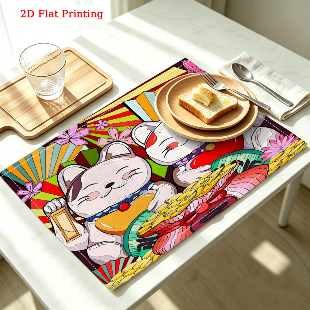 2Pcs Japanese Lucky Cat Placemat Multicolor Fortune God Print Table Mat Kitchen Dining Decor Non Slip Heat Resistant 30X40Cm
