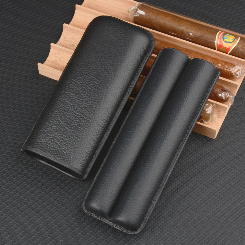 Real Leather Cigar Humidor 54 Ring 22mm Cigar Case 2 Tubes Cigar Holder 155mm Long Mini Box for Cuban Cigar Smoking Accessory