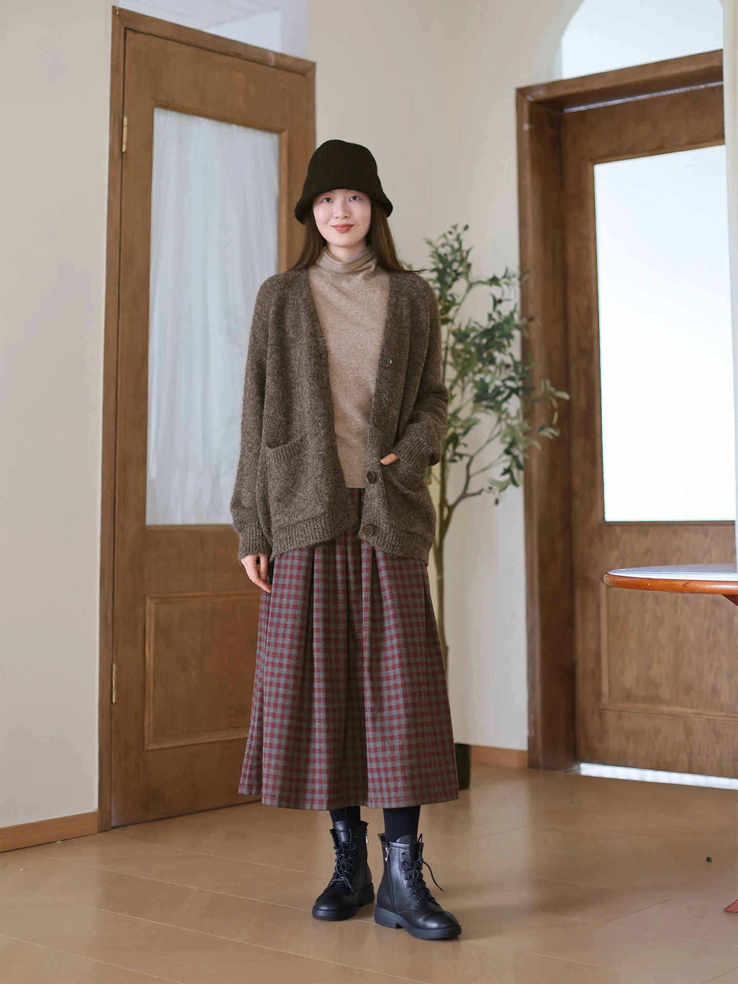 

Winter Cotton Plaid Skirt Women's Autumn Winter A-Line Midi Slimming Elastic Waist f Skirt Artistic Sle Ci Commute Casual