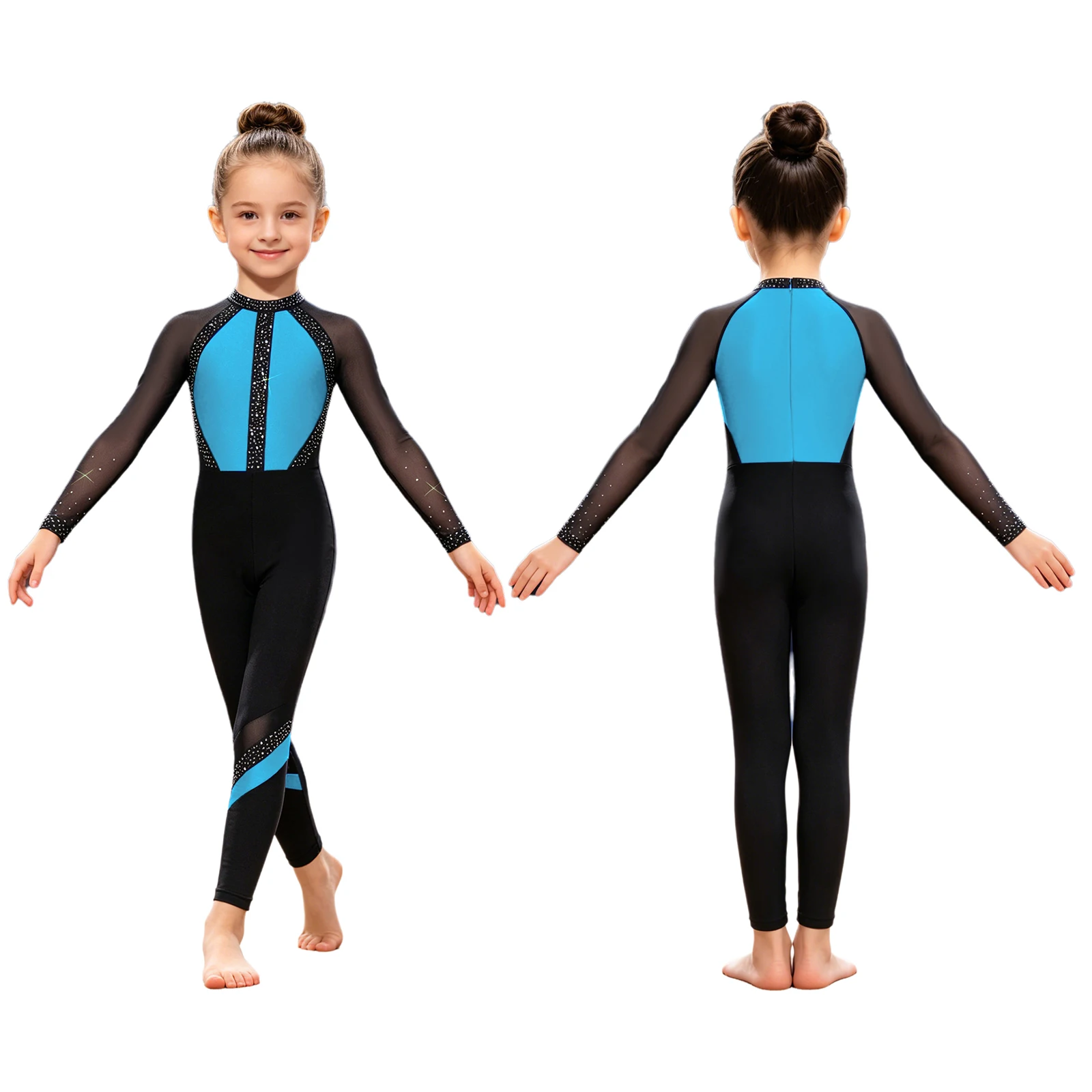 Girls Gymnastics Dance Unitard Ballet Jumpsuit Sparkling Rhinestones Full Body Leotard Mesh Color Block Long Sleeve Bodysuit