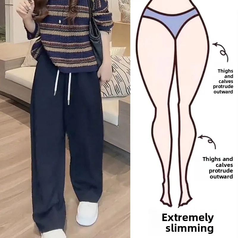 

plus Size Casual Sports Pants Women's Dark Blue High Waist Wide Leg Sweatpants Autumn Winter New Style for Plump Ladies