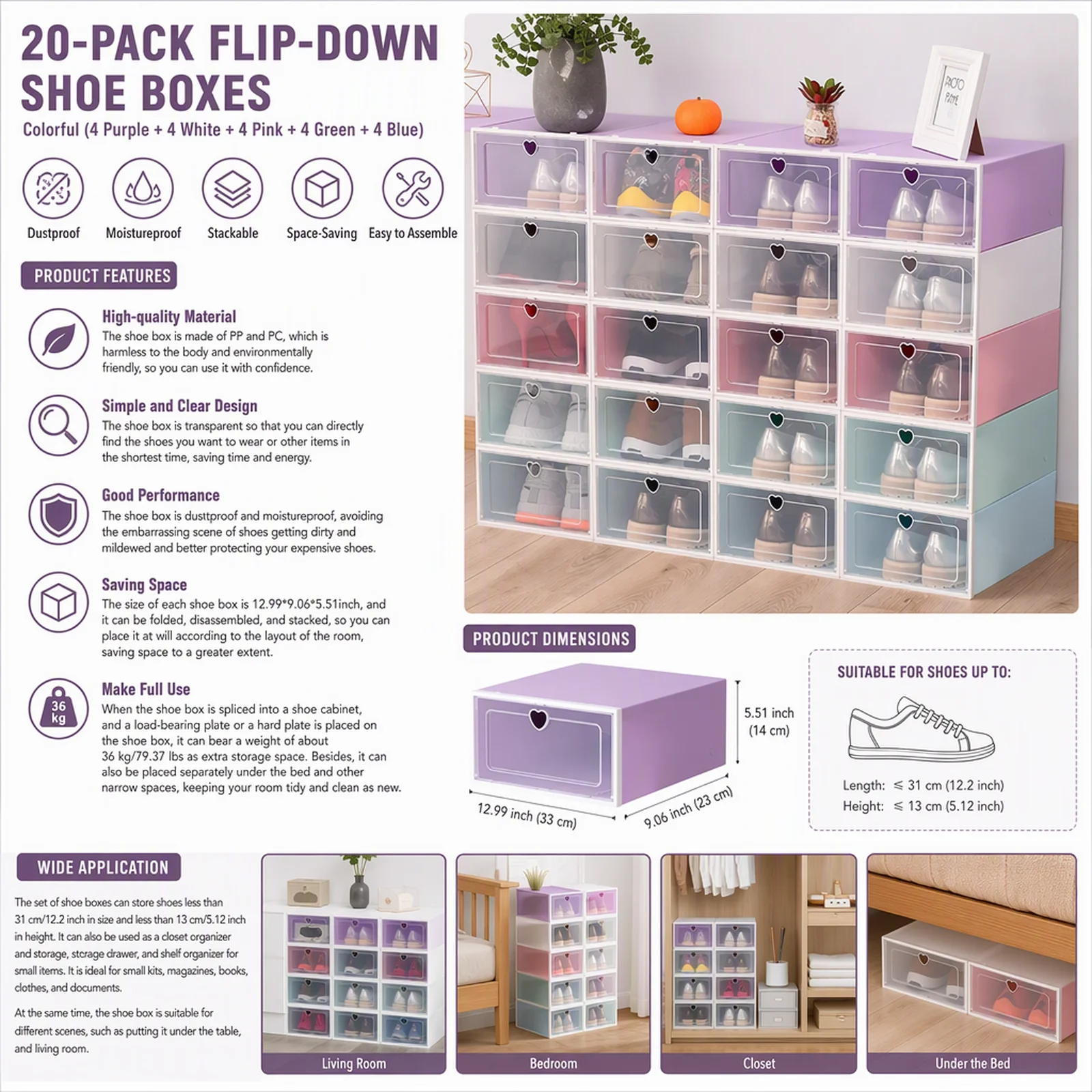 Shoe Boxes 20 Pack PP Shoe Storage Organizer, Transparent Stackable Foldable Containers with Heart Vent, 36kg Load, 5 Colors for Closet Bedroom Under Bed
