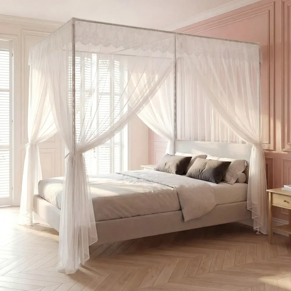 

Modern Canopy Bed Frame, Stainless Steel Plastic ial, 2x2x2m 6.56x6.56x6.56ft, Spiral Embossing, Floorstanding Mosquito Ne