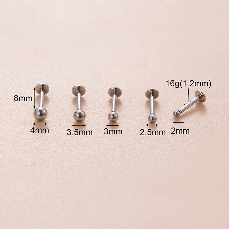 1Piece 16G Stainless Steel Ball Lip Studs Small Round Flat Back Internally Insert Labret Cartilage Earrings Lip Piercing Jewelry