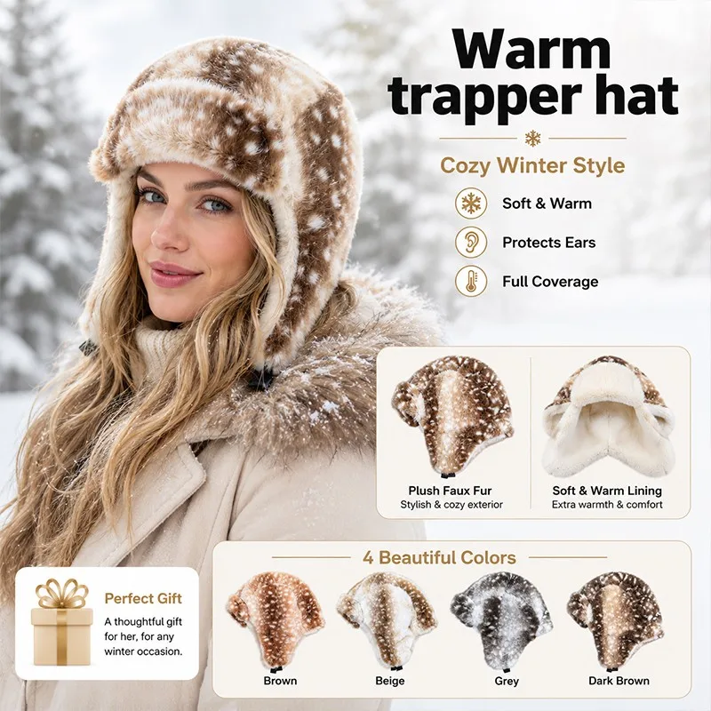 Women Winter Faux Fur Ear Flap Hat Deer Spotted Plush Warm Ear Protection Cap Winter Elk Hat Ski Hat Trapper Hat Clothing Access