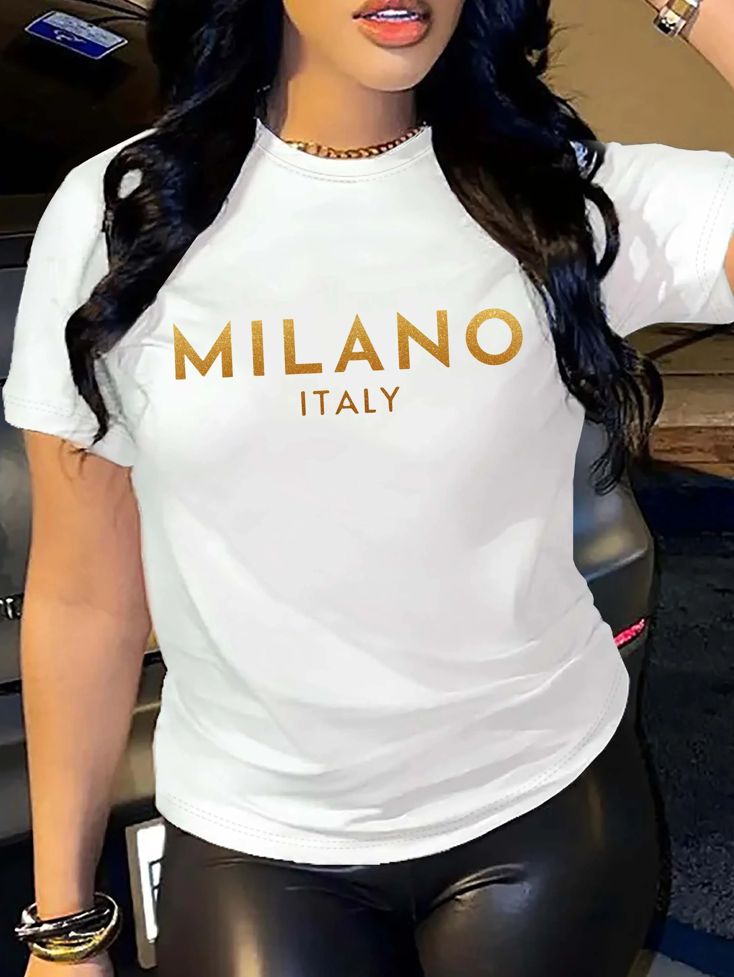 Milano Letter Print Womens T-Shirt Stylish Casual Wear for Spring & Summer Lightweight Breathable Crew Neck Top Fashion Clothing