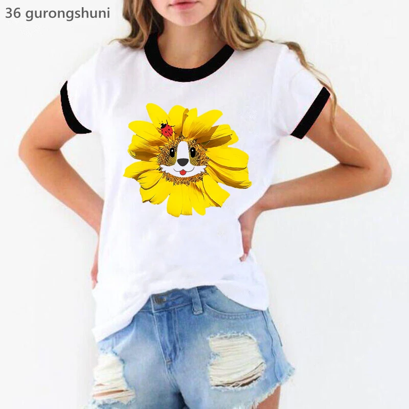 

Corgi Face Sunflower With Lady Bug Hair Bow Cute Dog Flower Print Tshirt Girls Funny Dog Lover T Shirt Femme Summer Tops Tee