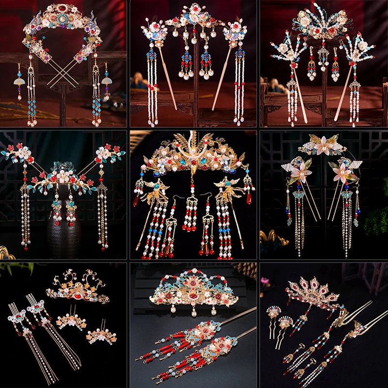 

Hanfu headdress accessories, burnt blue tassel, full set of hairpins, flower hair accessories, hairpin crown.