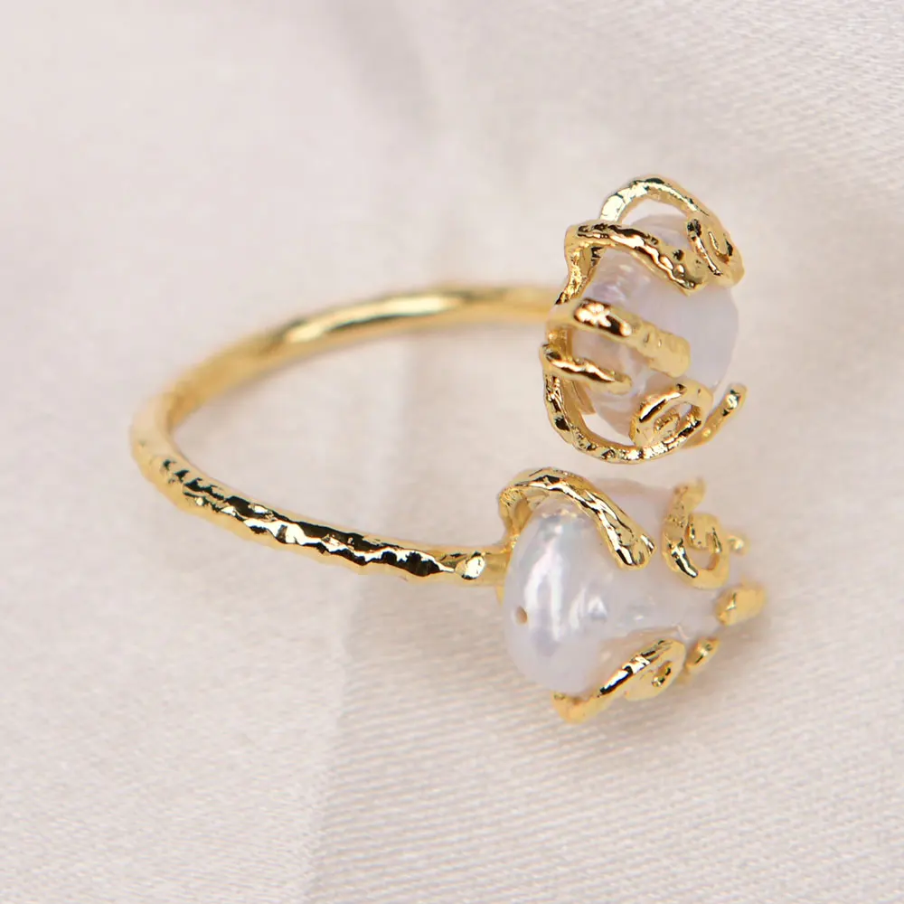 G-G Cultured White Keshi Pearl Coin Pearl Adjustable Rings Gold Plated Copper Metal Ring For Lady