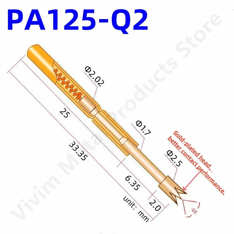 100PCS PA125-Q2 Spring Test Probe PA125-Q Test Pin P125-Q P125-Q2 Test Tool 33.35mm 2.02mm Needle Gold Tip Dia 2.50mm Pogo Pin