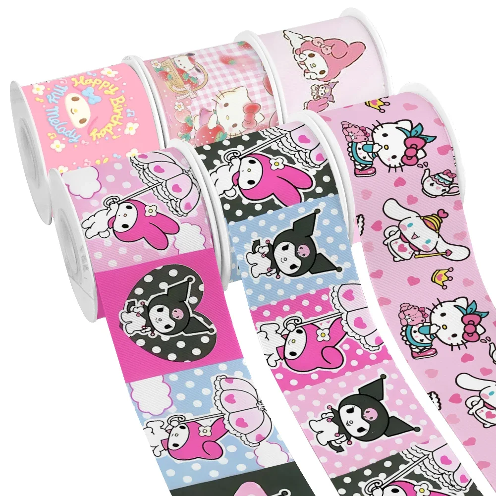 50 Yards Kuromi Japanese Sanrio Melody Characters Kitty Pattern Printed Grosgrain Satin Ribbon for Gift Wrapping Hair Bow Craft