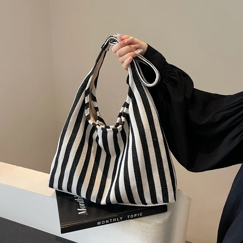 1 piece pure color one shoulder women\'s bag large capacity canvas tote bag stripesd bucket bag