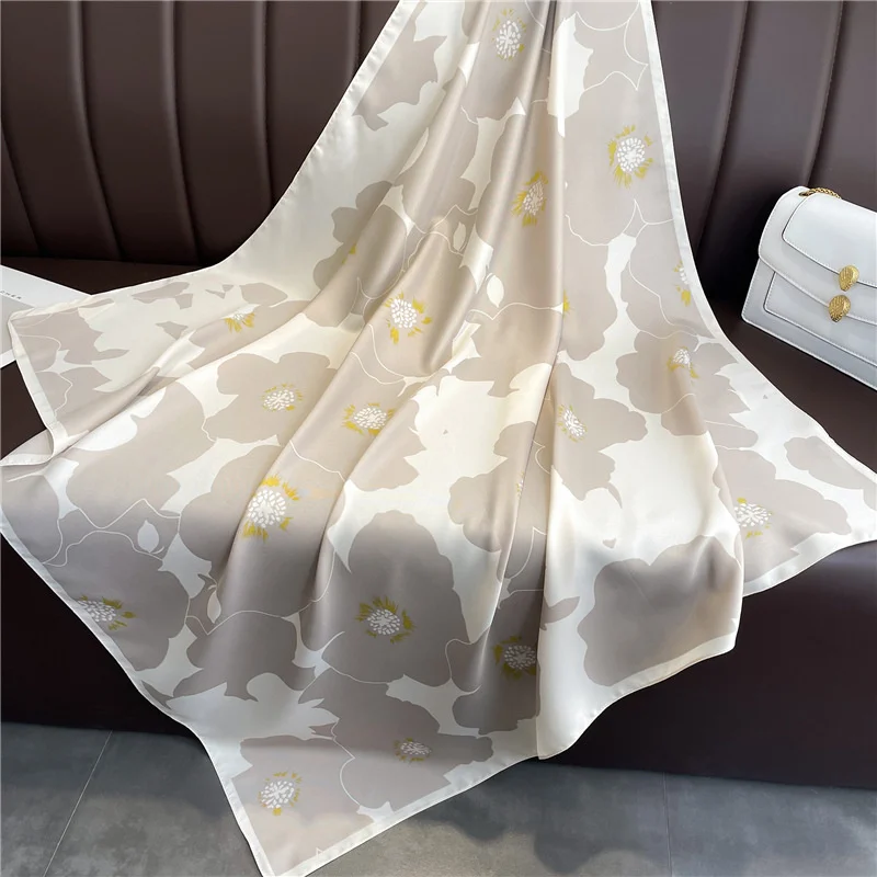 2024 New Silk Scarf Flower Color Matching Scarf Twill Silk Square Scarf 90cm Travel Sunscreen Shawl Headscarf Female