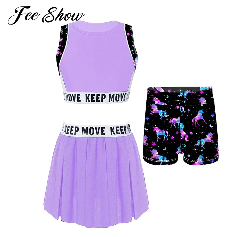 Kids Girls Modern Dance Jazz Dance Outfits Cartoon Horse Fish Scales Print Sport Vest Skirts Shorts Badminton Tennis Shorts Sets