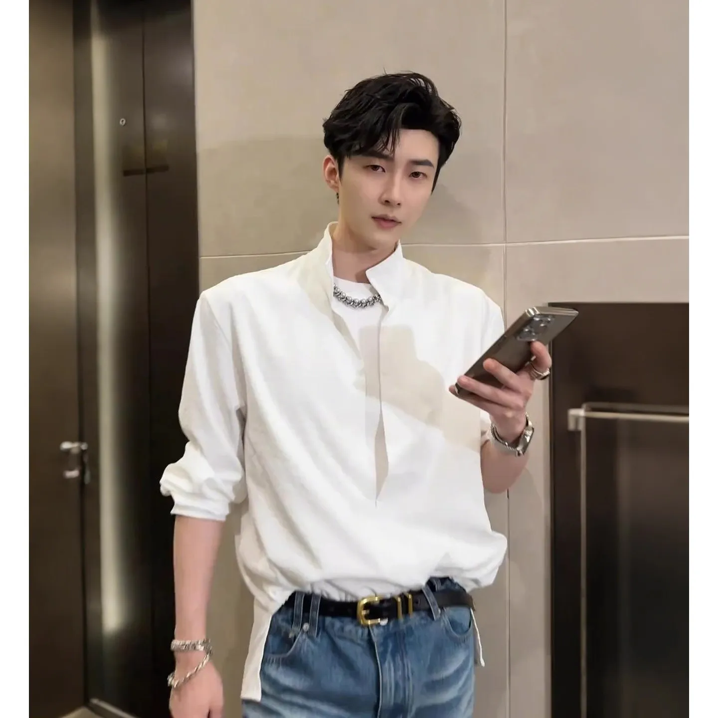 

British-Style Casual Men's Clothing, Faux Two-Piece White Shirt, Autumn Collection, High-End Stylish Long-Sleeve Shirt With