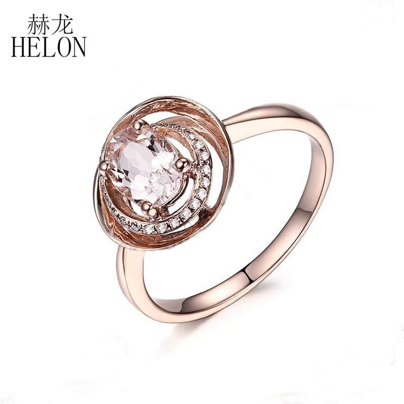 HELON Solid 14K Rose Gold Oval 7x5mm Natural Morganite Diamond Engagement Ring  Antique Fine Gemstone Anniversary Wedding Band