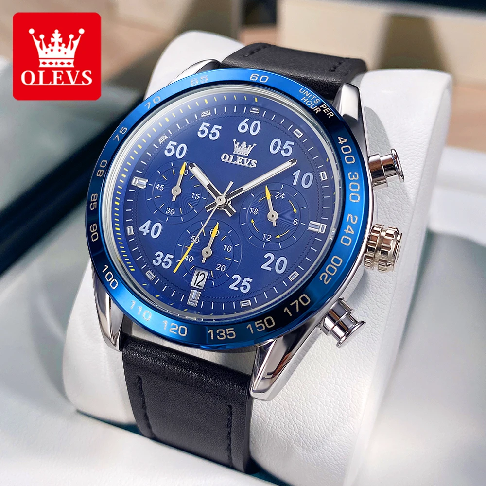 OLEVS-Reloj de pulsera de cuero para hombre, cronógrafo de cuarzo, escala de números, fecha automática, resistente al agua, luminoso, Original, TY703