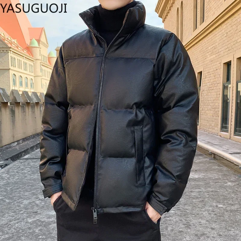 

YASUGUOJI Fashion Stand Collar Men`s Pu Leather Cotton Padded Jacket Slim Fit Winter Coat Men Parka Thicken Puffer Jacket Men