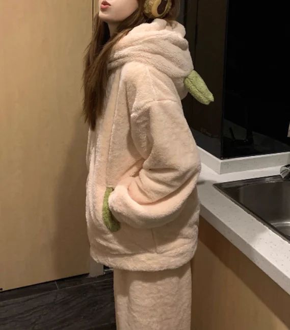 كبيرة الحجم النساء الشتاء سميكة لطيف المرجان بيجامة من الصوف موضة تنوعا تخفيض العمر فضفاضة مريحة مقنعين منامة مجموعة #3