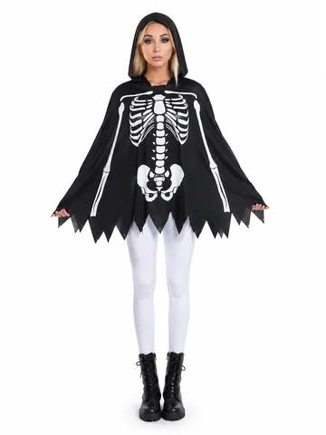Halloween Hooded Poncho Costume for Adults Skeleton Ghost Printed Cape Jagged Hem Loose Cloak Cosplay Outfit for Party Carnival Trick or Treat