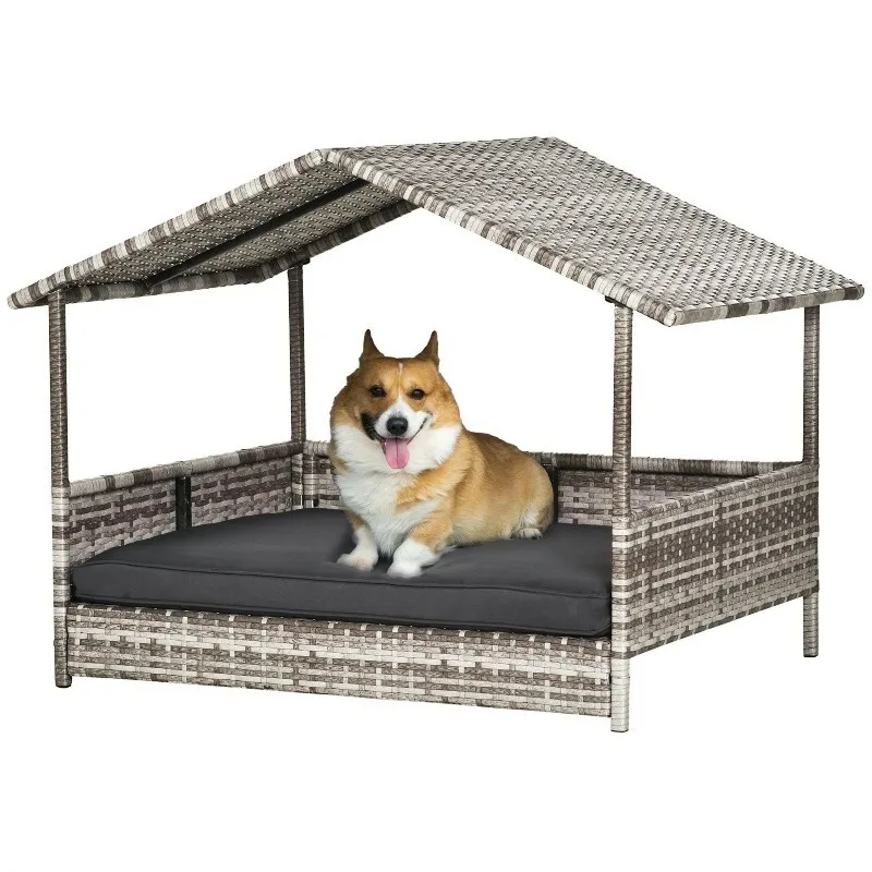 Grey Elevated Wicker Dog House Indoor Outdoor Raised Rattan Bed with Removable Cushion