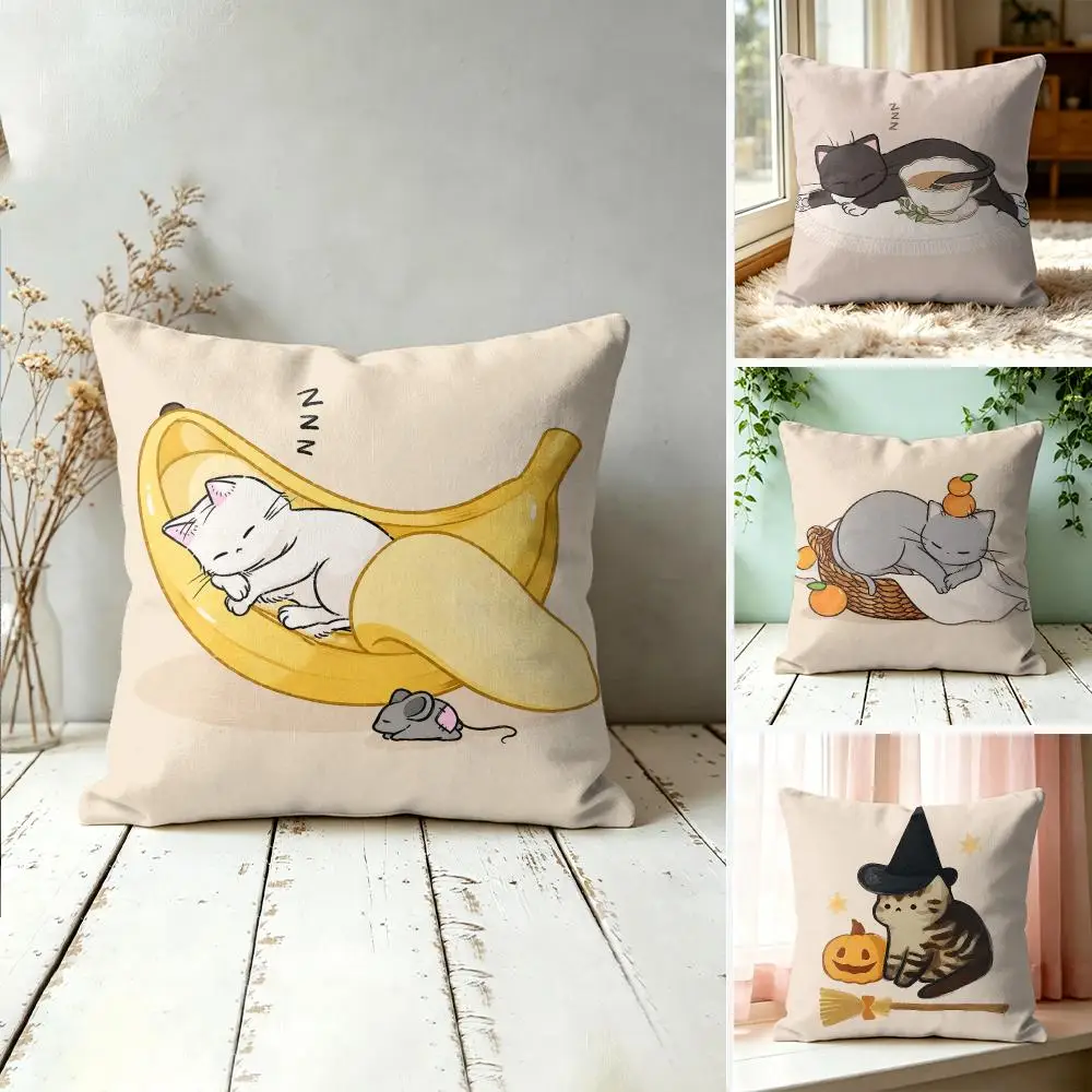 Whimsical Cat Illustration Cushion Cover Silky Short Plush Invisible Zipper Dustproof Sofa Pillow Case For Home Decor
