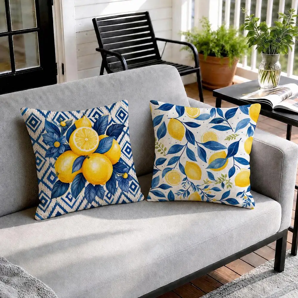 Blue Tile Mediterranean Lemon Cushion Cover Natural Linen Organic Fabric Double-Sided Printing Sofa Home Decor Gift Pillow Cover