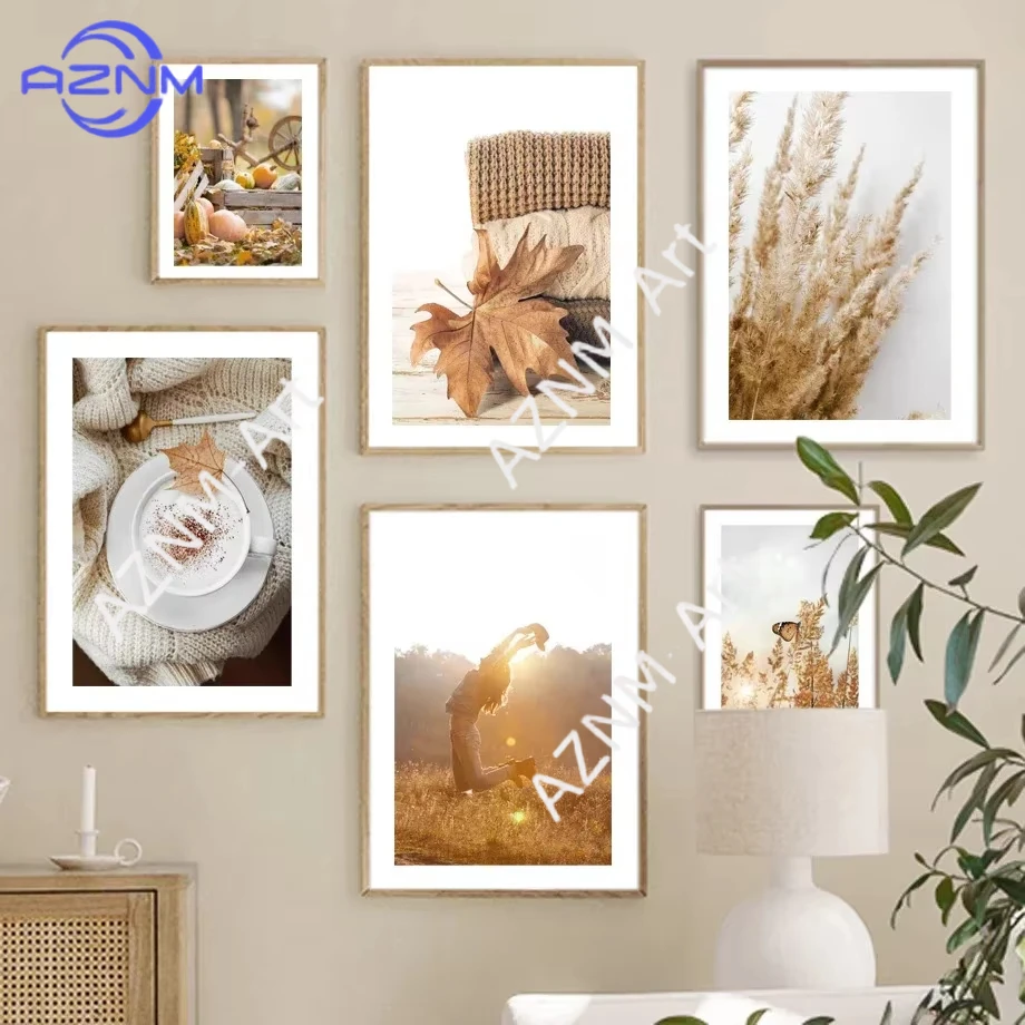 1Pc/6Pcs Fall Beige Girls Pumpkin Autumn Canvas Painting Nordic Landscape Posters Prints Wall Art for Living Room Home Decor