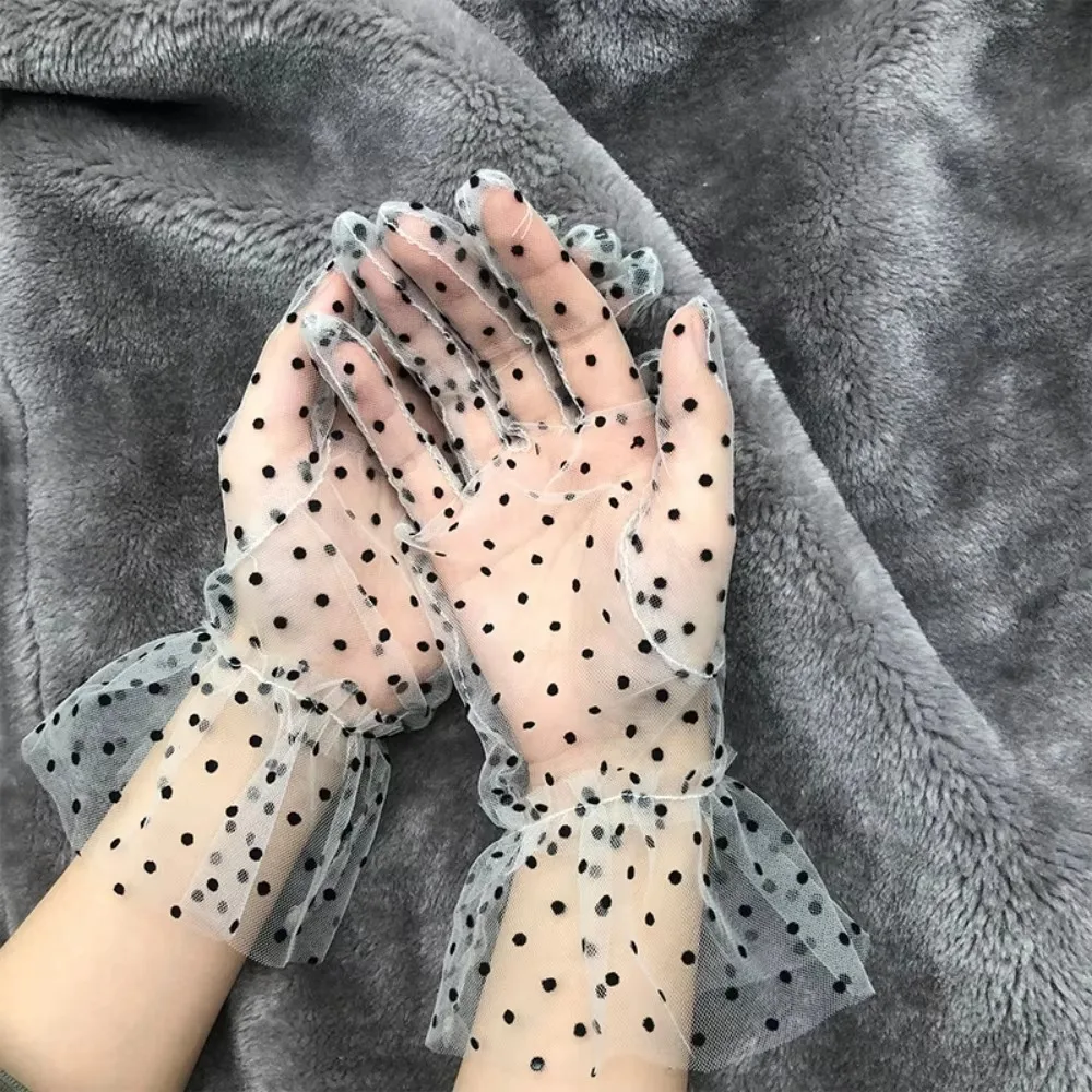 Black White Mesh Tulle Gloves, Dot Print Transparent Short Thin Gloves, Spring Summer Club Prom Party Dancing Dress Gloves