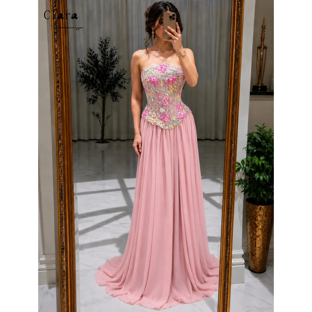 Clara Maßgeschneidertes Rosa A-Linien Spitzenblumen Abendkleid für Damen Partykleider Luxus 2026 Elegantes Damen-Abendkleid