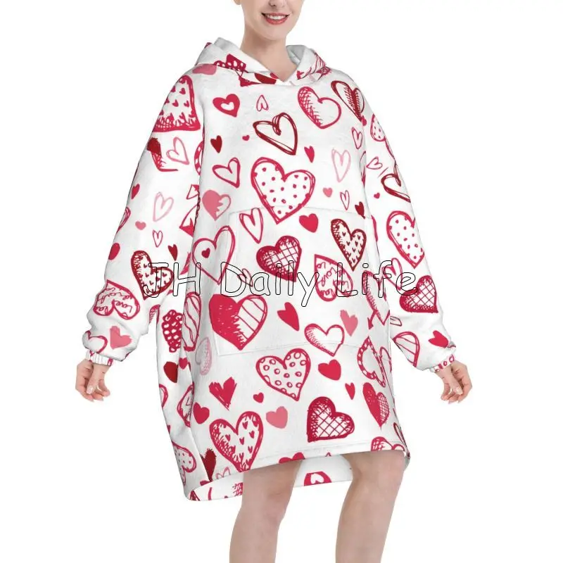 Valentine's Day Red Love Hearts Wearable Blanket Oversized Hoodie Blanket Women Flannel Fleece Pullover Sweatshirt Soft Pajamas